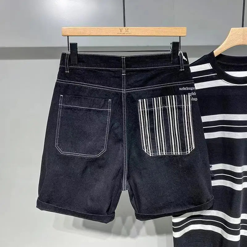 Black Striped Patchwork Denim Shorts