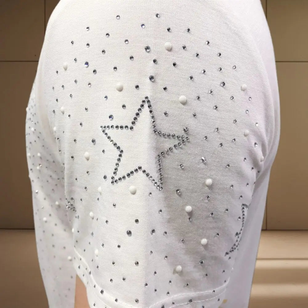 Stars Letter Rhinestone Decor T-Shirt