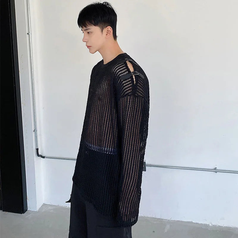 Mesh Round Neck Long Sleeve T-Shirt