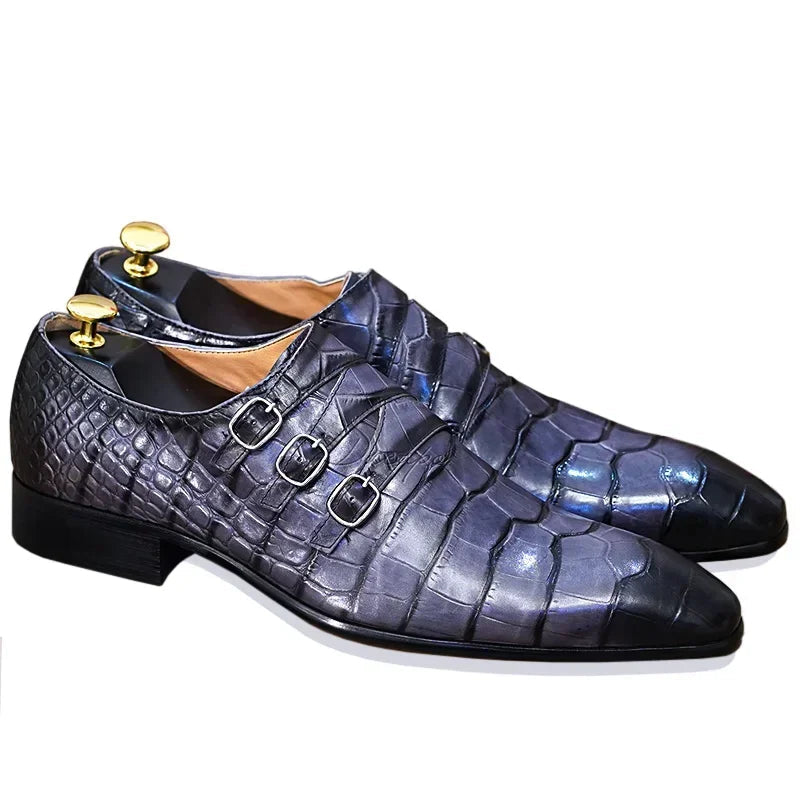 Triple Buckle Monk Strap Leather Shoes