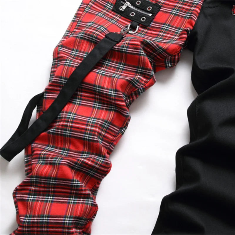 Red Plaid Patchwork Punk Zipper Jeans