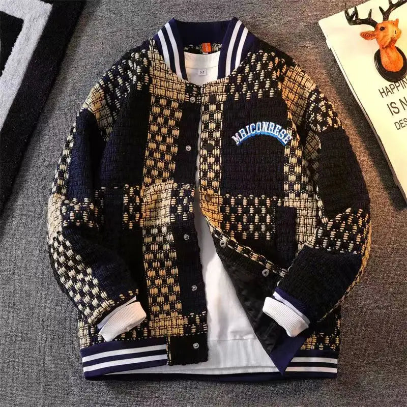 Colorblock Woven Knit Round Collar Jacket