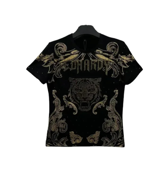 Black Rhinestone Printed T-Shirt