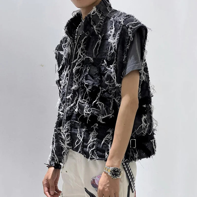 Ripped Denim Zipper Closure Vest