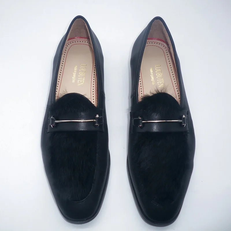 Men's Black Leather Furry Loafers