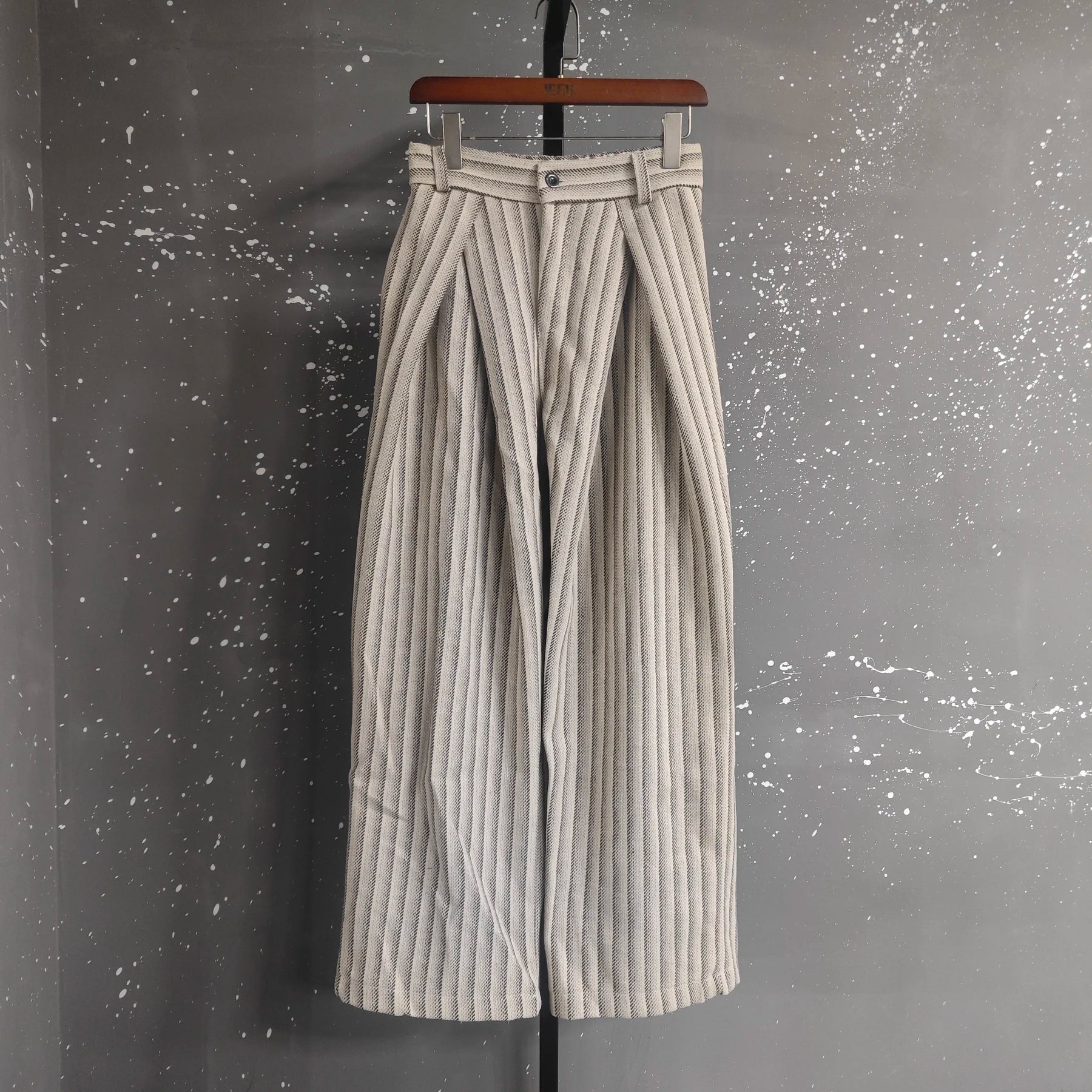 Striped Woolen Pleated Wide-Leg Trousers