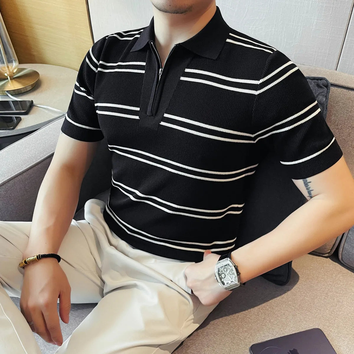 Casual Striped Knitted Short-Sleeved Polo Shirt