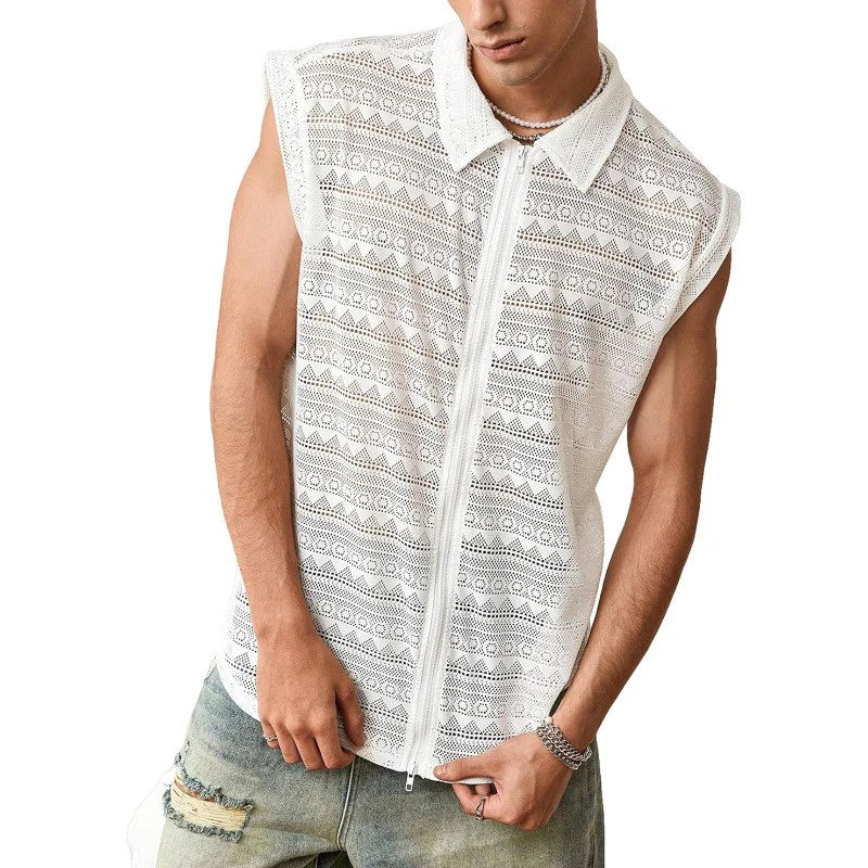 White Geometric Zipper Tank Top