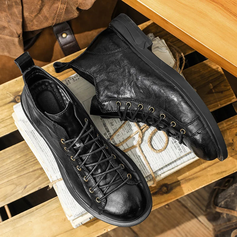 Retro Solid Color Leather High-Top Sneakers