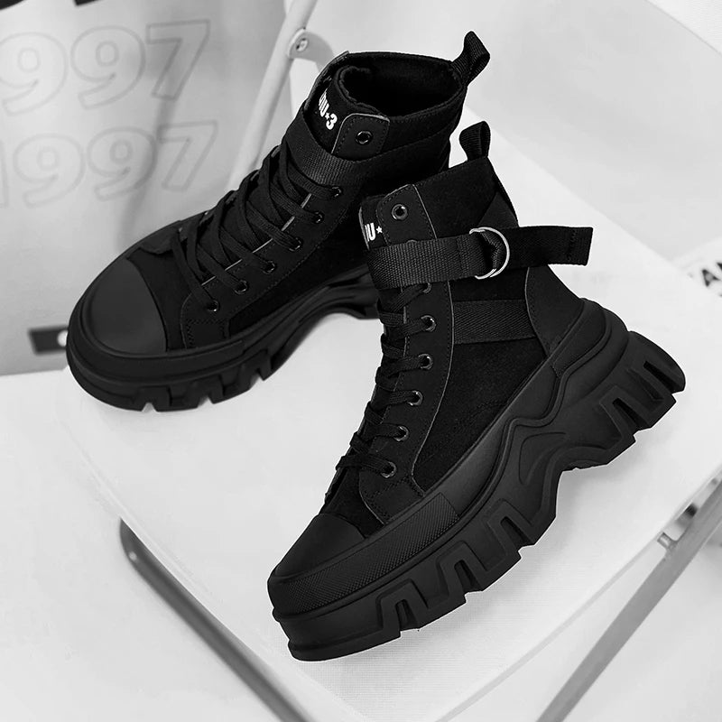 Platform Black Fabric Mid-Calf Boots