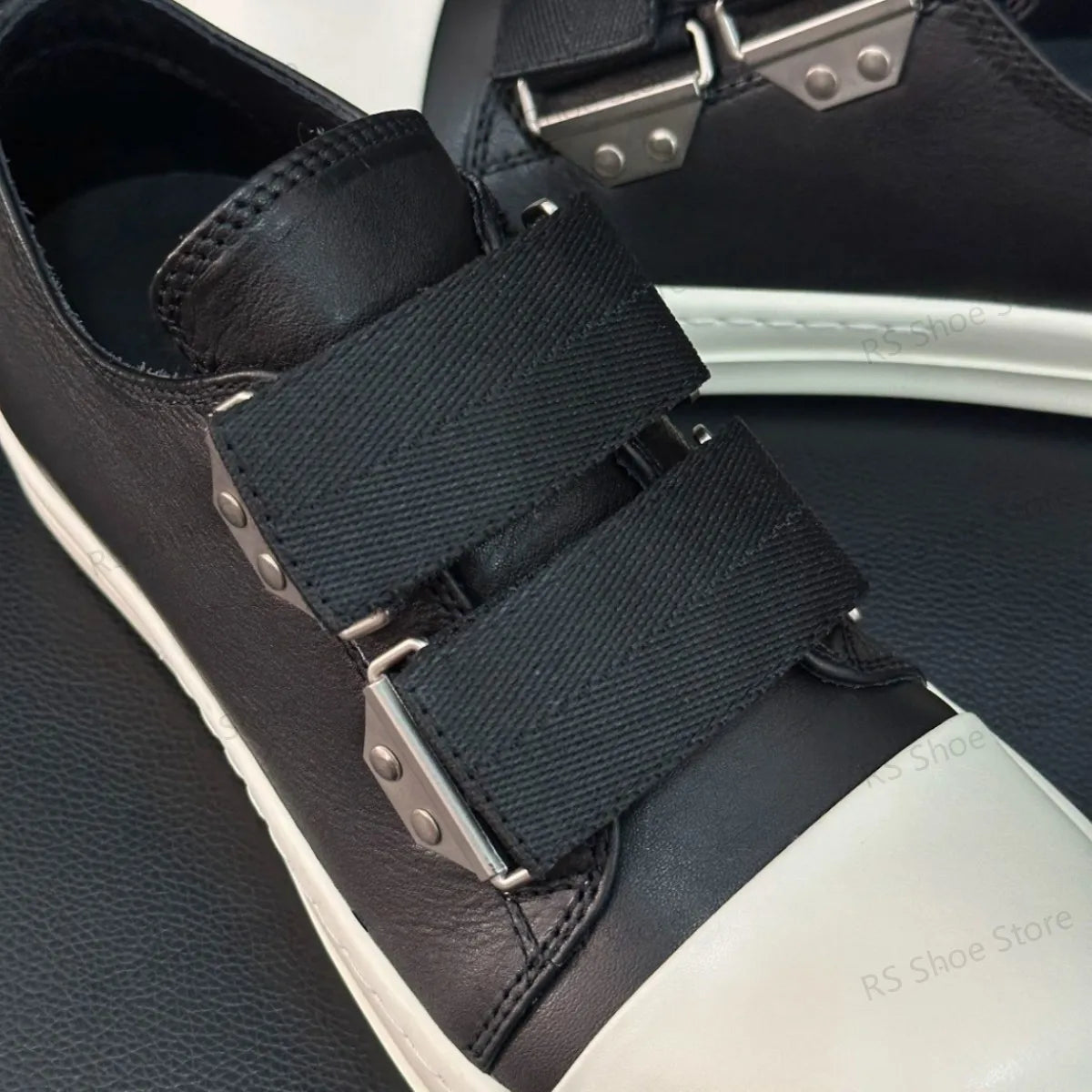 Low Top Black Leather Velcro Sneakers