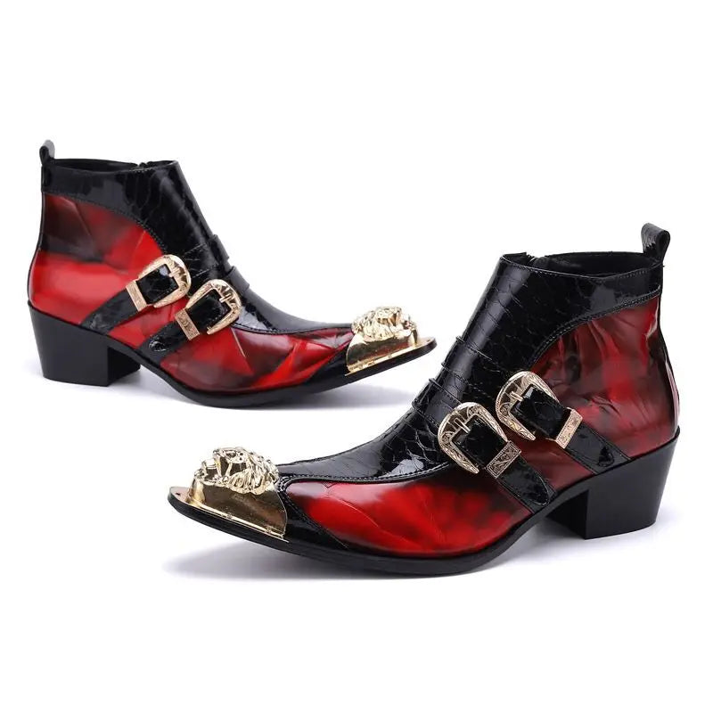 Croc-Textured Buckled Metal Toe Boots