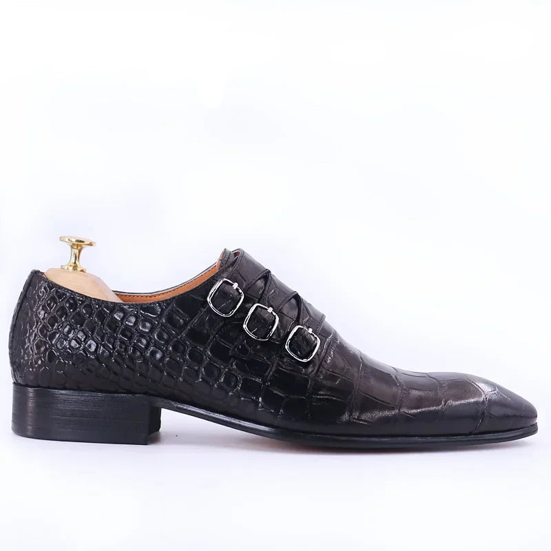 Triple Buckle Monk Strap Leather Shoes