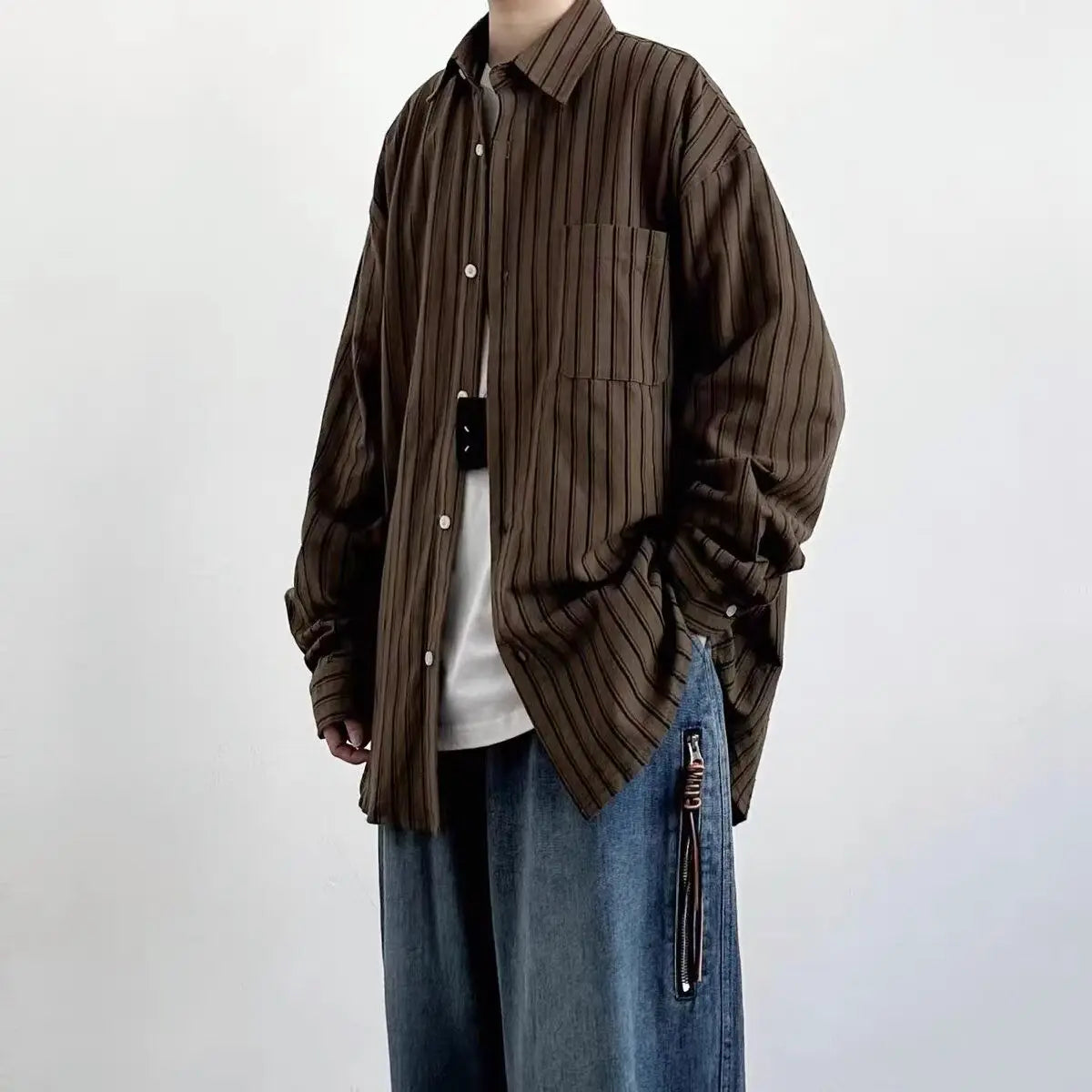 Retro Brown Striped Loose Shirt
