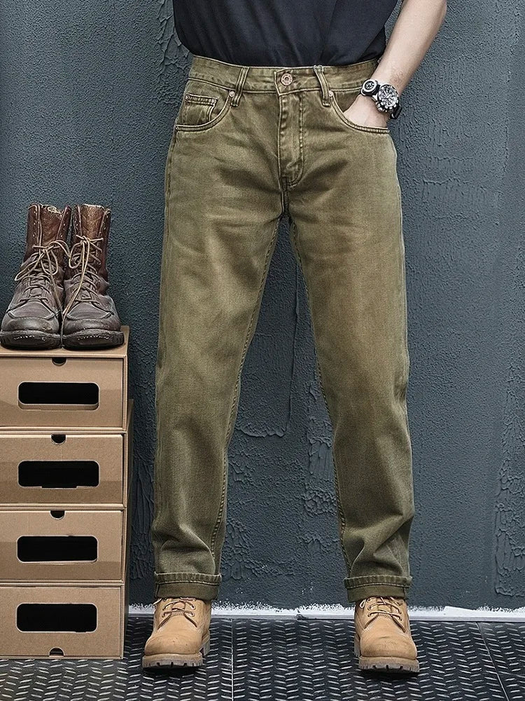Retro Green Army Straight Denim Jeans