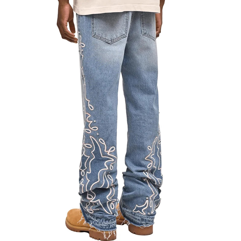 Embroidered Flame Bottom Men's Jeans