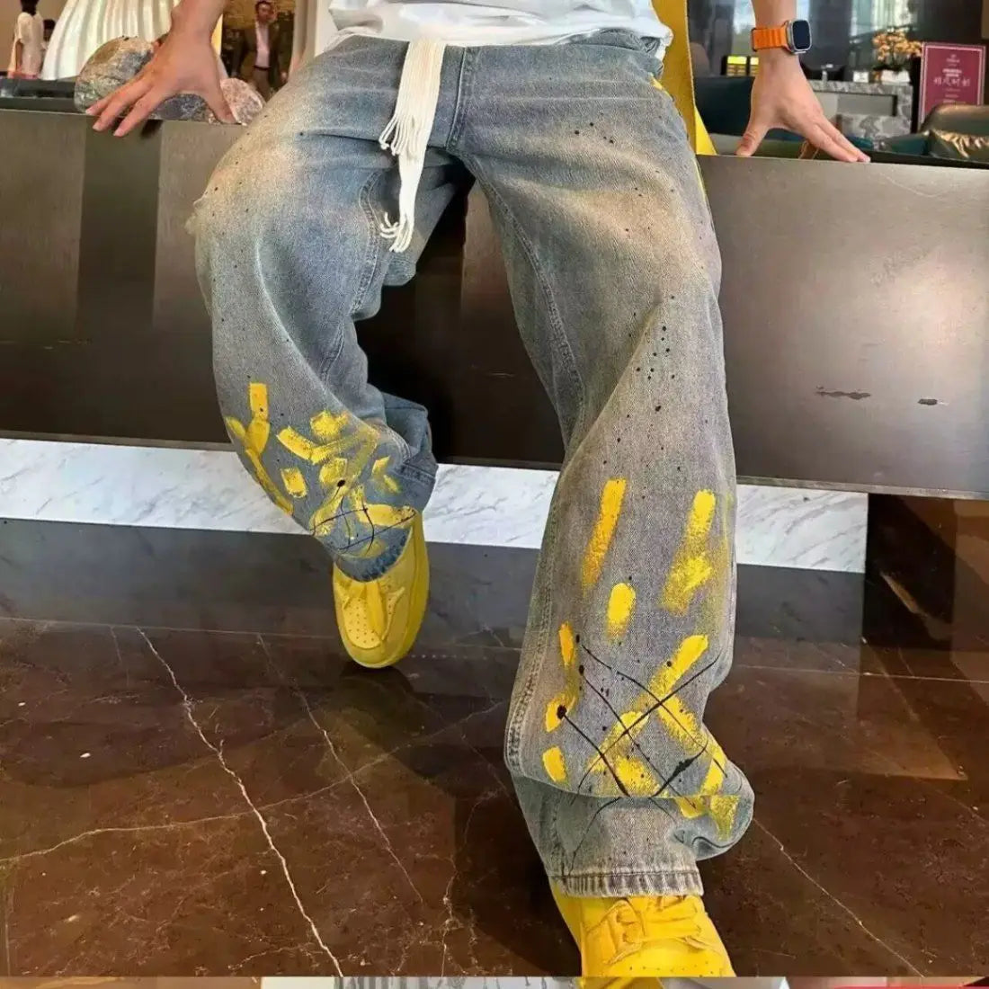 Yellow Painted Design Casual Jeans
