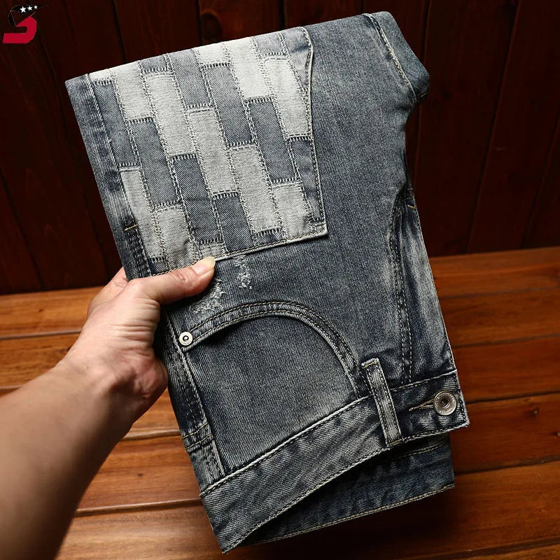 Casual Patchwork Plaid Fitted Jeans