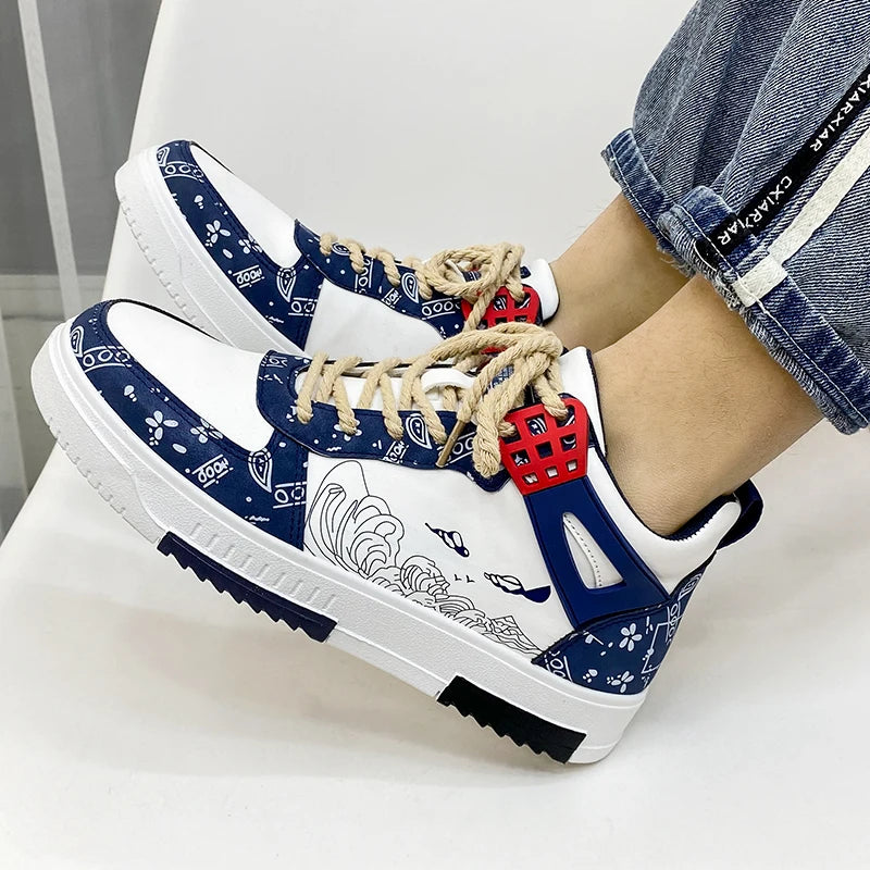 Geometric-Printed PU Leather Sneakers