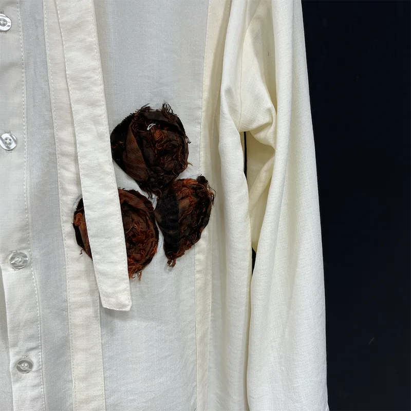 Loose Handmade Flower Linen Ribbon Shirt