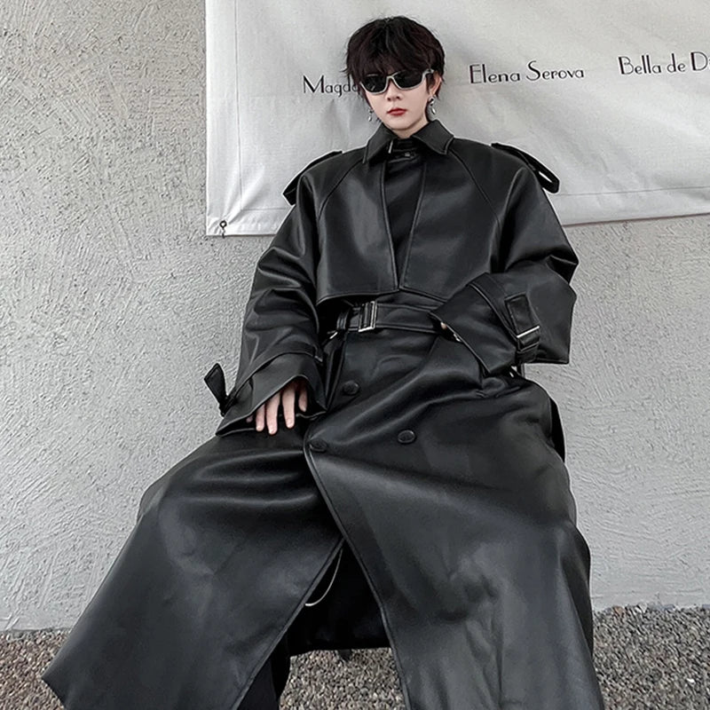 Double Breasted with Belt PU Leather Coat