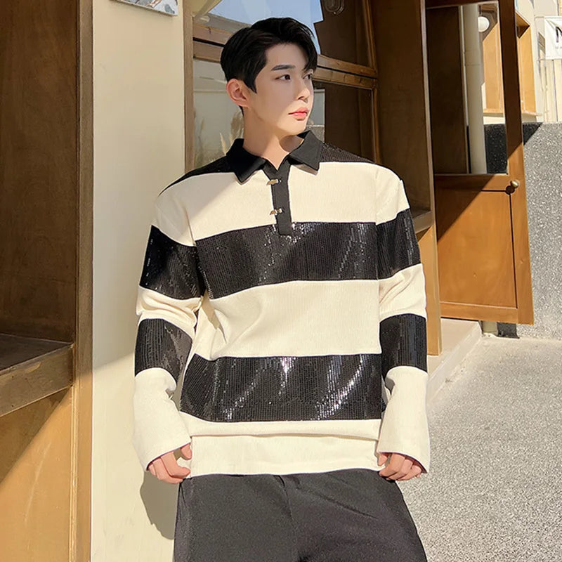 B&W Stripes Long Sleeve Polo Shirt