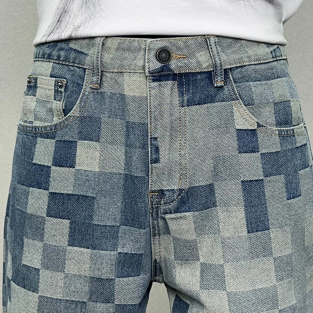 Check Jacquard Denim Loose Jeans