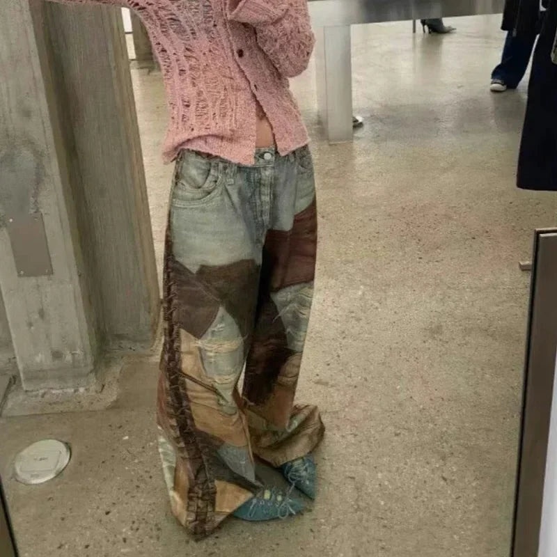 Casual Patchwork Style 3D Printed Jeans