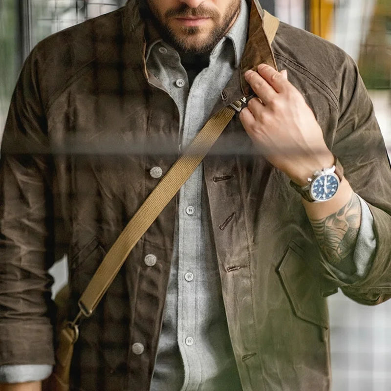 Retro Stand Collar Oil Waxed Jacket