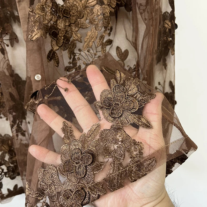 Brown Floral Embroidery Sheer Shirt