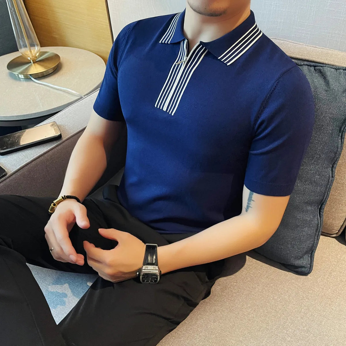 Striped Lapel Slim-Fit Men Polo Shirt