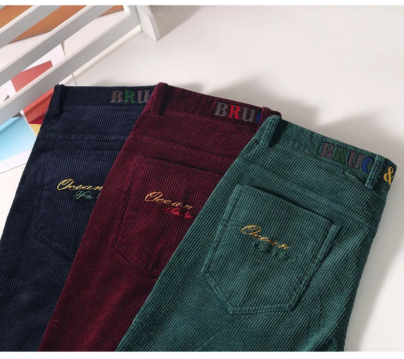 Letter Embroidered Solid Corduro Straight Jenas