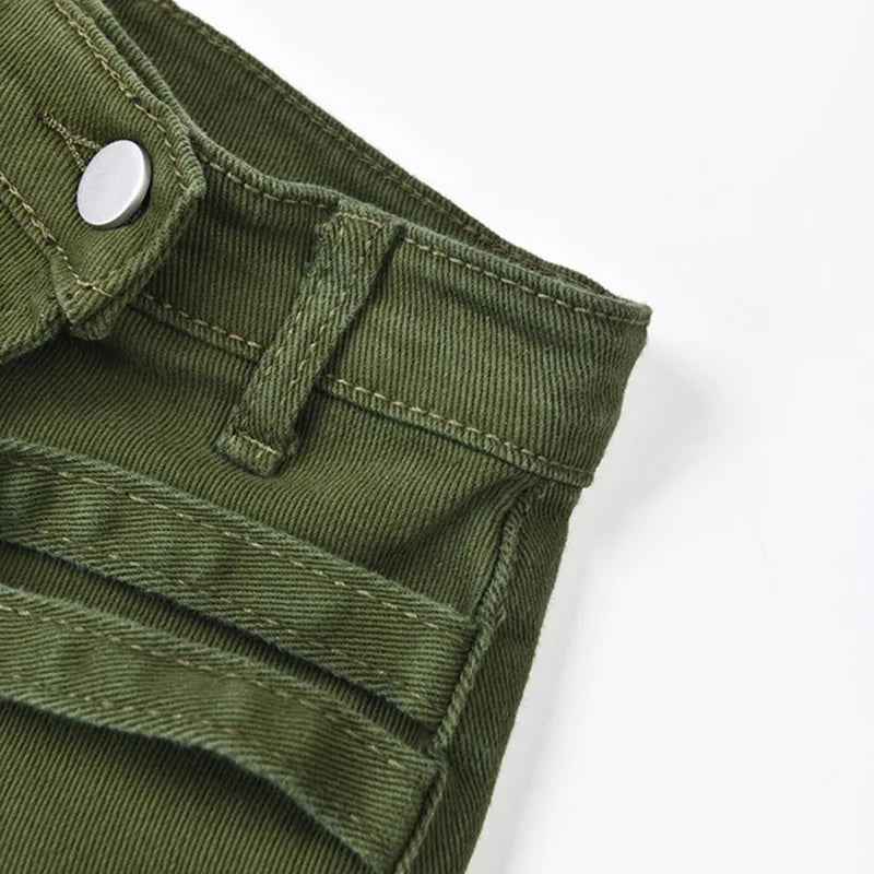 Green Cargo Pocket Design Denim Shorts