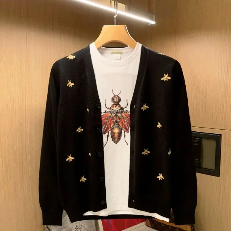 Embroidered Golden Bees V-Neck Cardigan