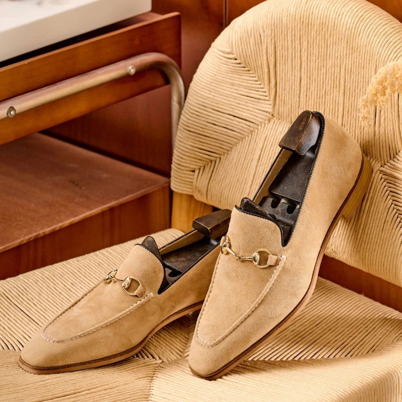 Metal Buckle Appliques Suede Leather Loafers