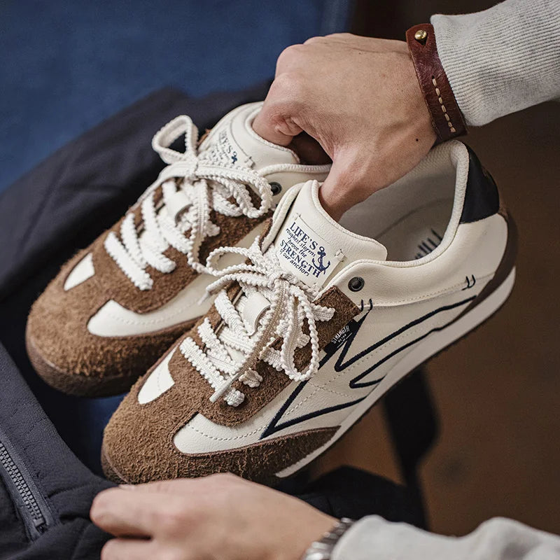 Brown-Beige Patchwork Low-Top Sneakers