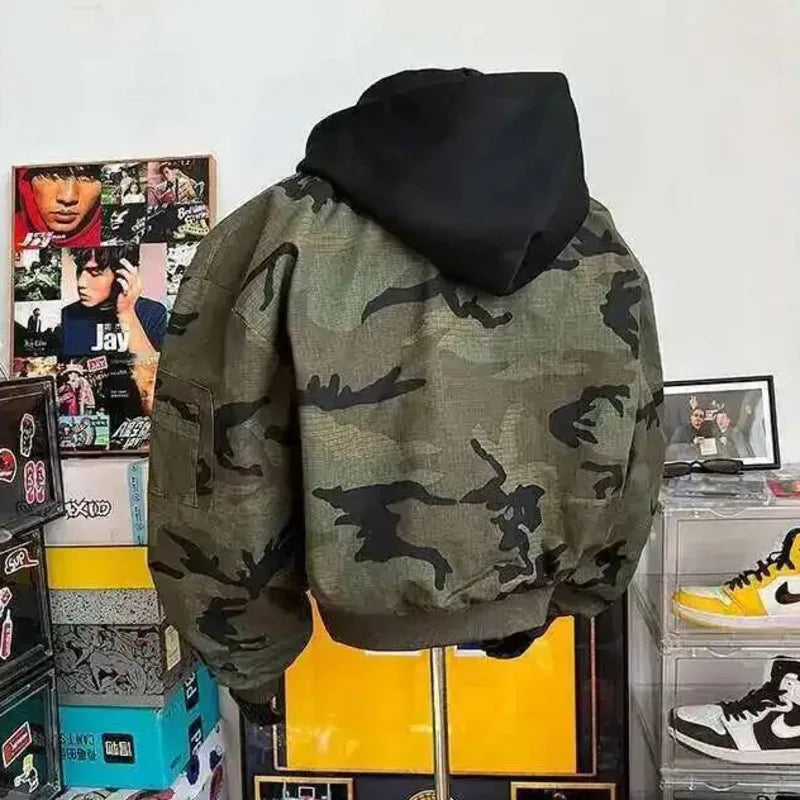 Patchwork Camouflage Zipper Hooded Jacket