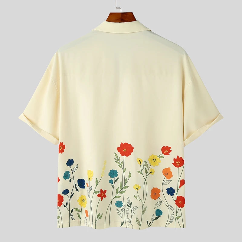 Flower Printing Lapel Short Sleeve Shirt