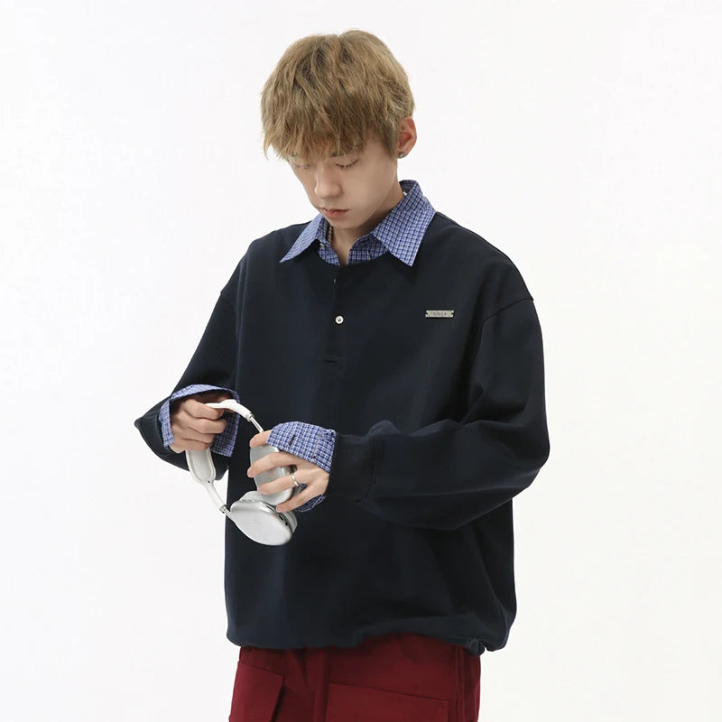 Plaid Patchwork Fake Two-piece Loose Sweatshirt