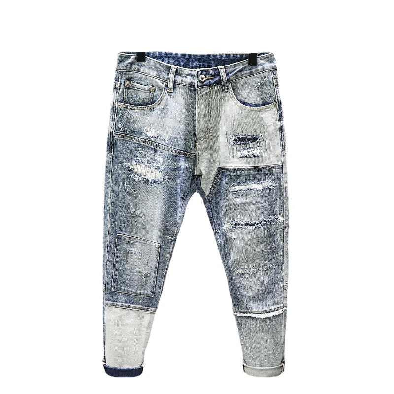 Ripped Patchwork Light Color Straight Jeans