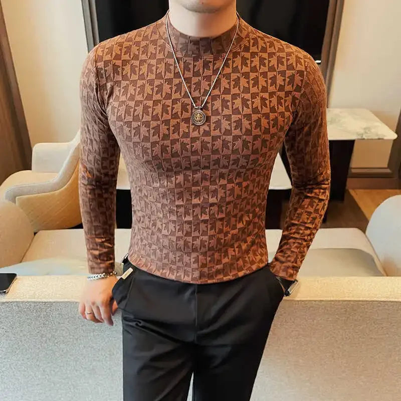 Jacquard Printed Turtleneck Fitted T-Shirt