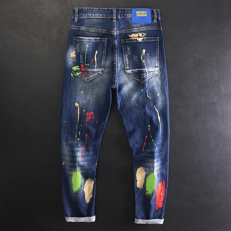 Spray Paint Printed Graffiti Ripped Jeans