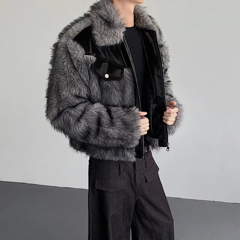 Grey Patchwork Design Faux Fur Jacket