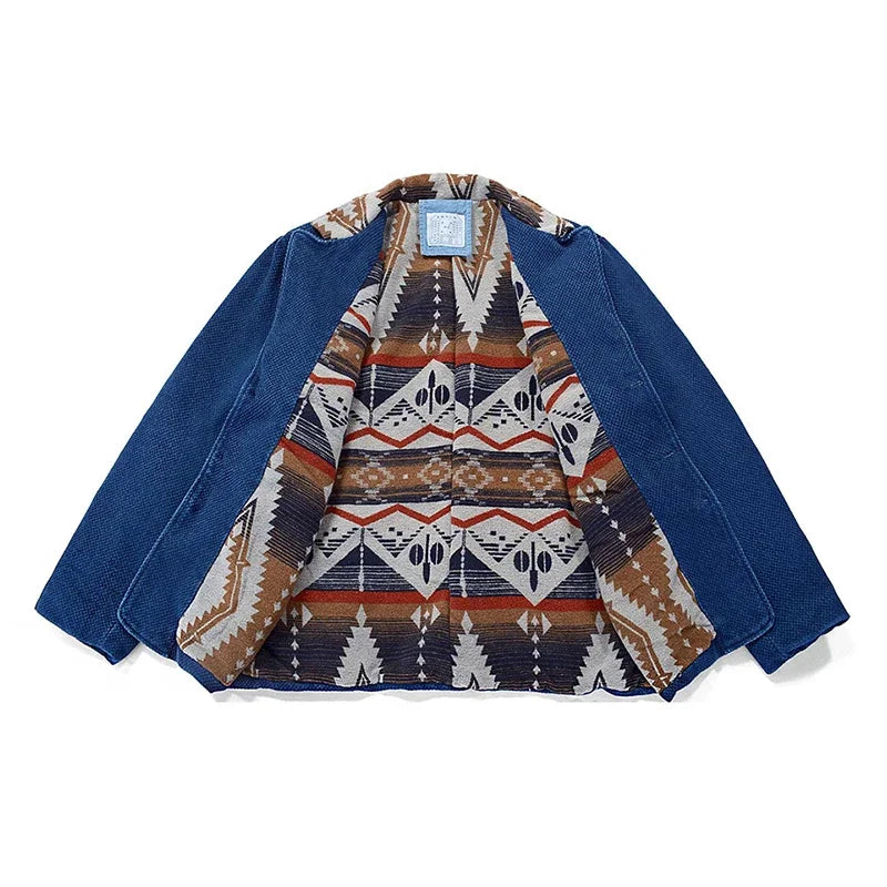 Retro Blue Dye Lapel Thick Jacket