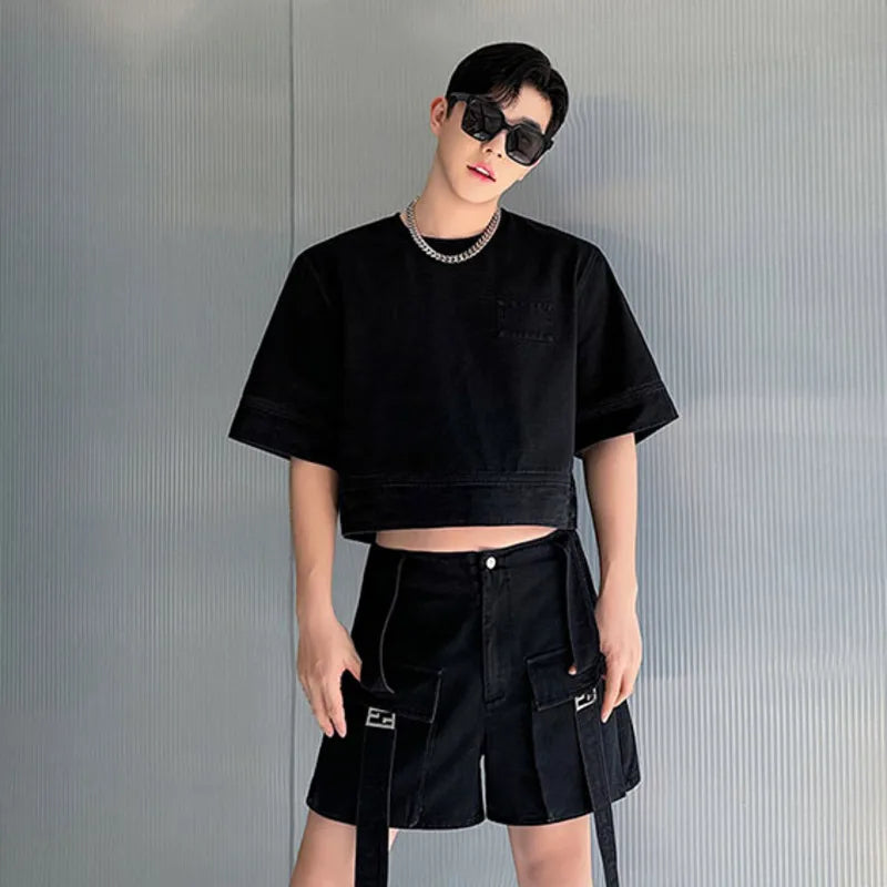 Solid Casual Denim Cargo Short Set