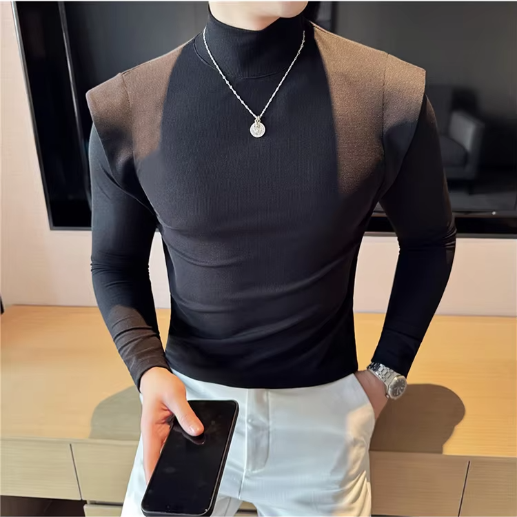 Turtleneck Fake-2Pieces Solid T-Shirt