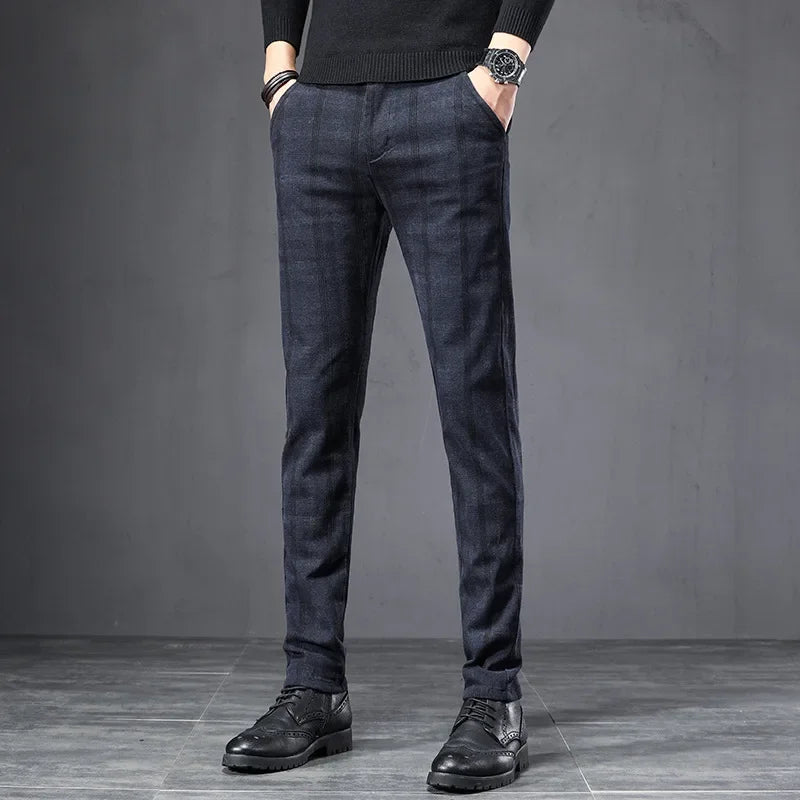 Dark Plaid Casual Slim Fit Trousers
