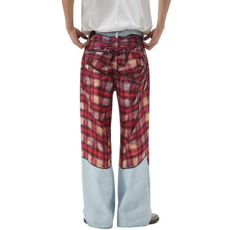 Red Plaid Flannel Printed Denim Jeans