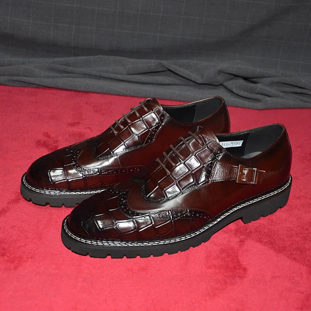 Leather Crocodile Print Wingtip Brogue Shoes