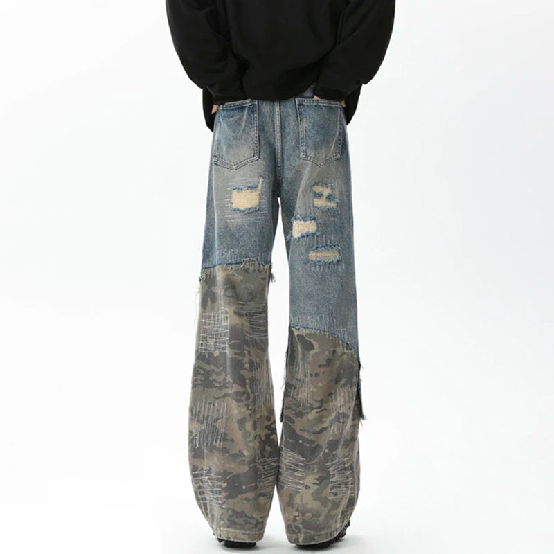Ripped Camouflage Patchwork Denim Jeans